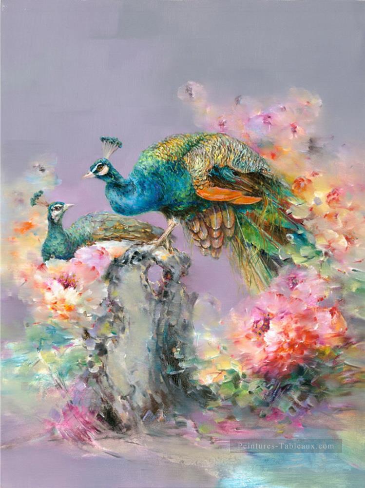 Paon en fleurs floral branches oiseaux Peintures à l'huile